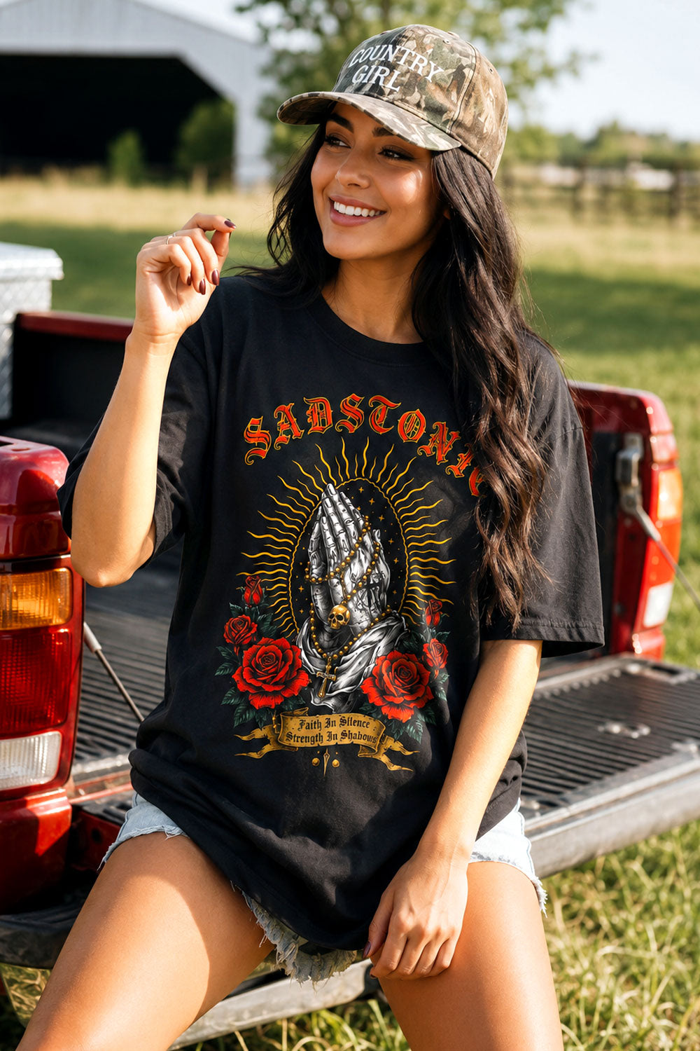 Praying Hands Rose Graphic Black Tee - Sadstonie – SADSTONIE STUDIO