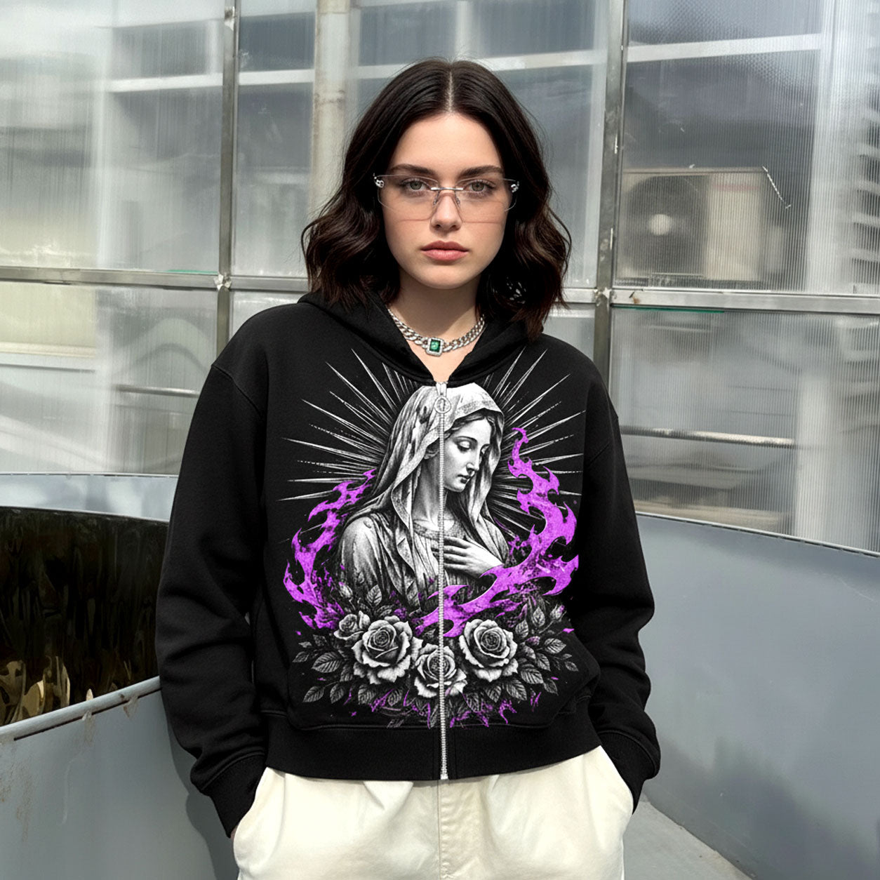 Virgin Mary Purple Flame Black Zip Hoodie - Sadstonie – SADSTONIE