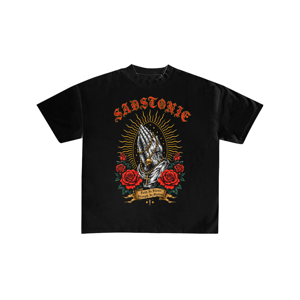 Praying Hands Rose Graphic Black Tee