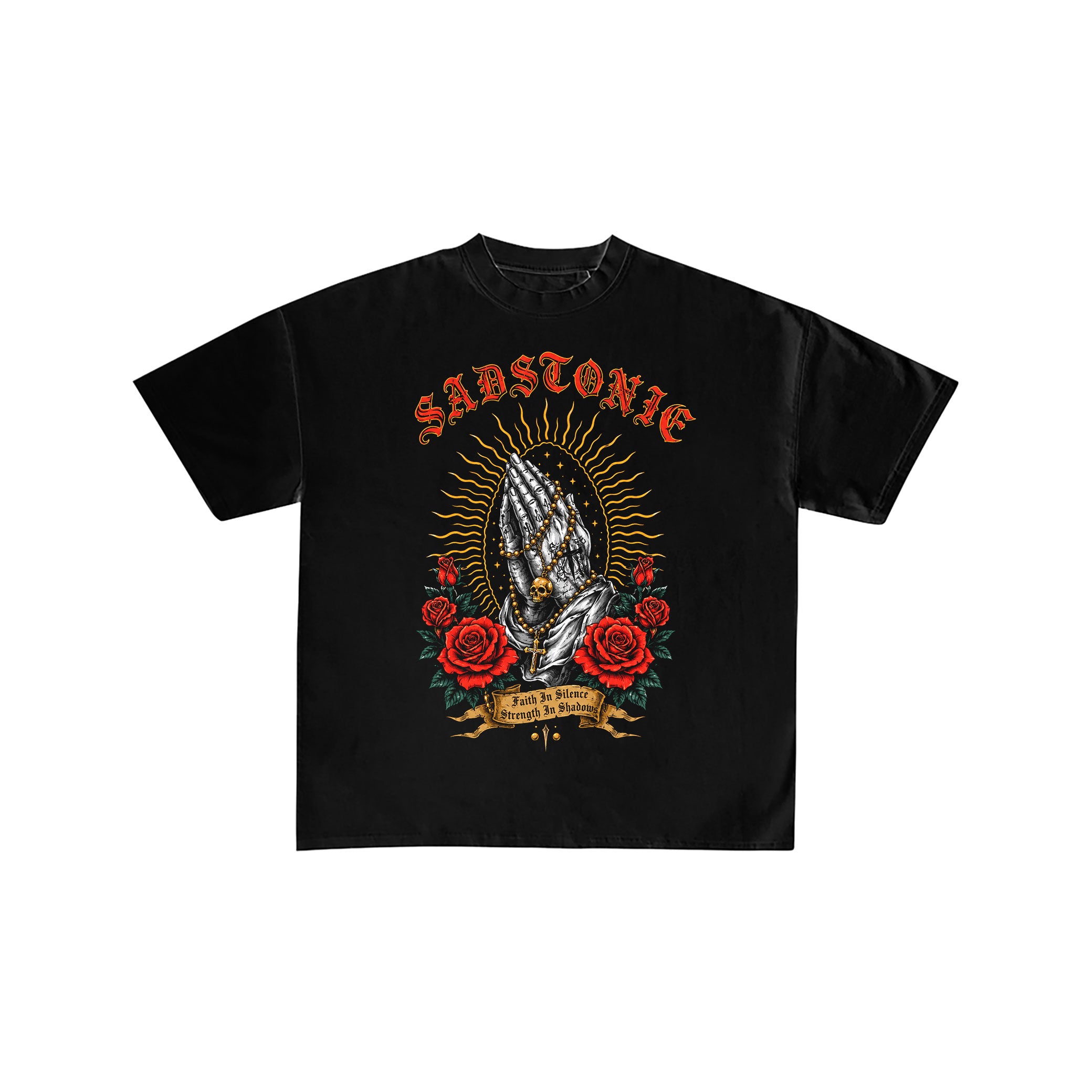 Praying Hands Rose Graphic Black Tee