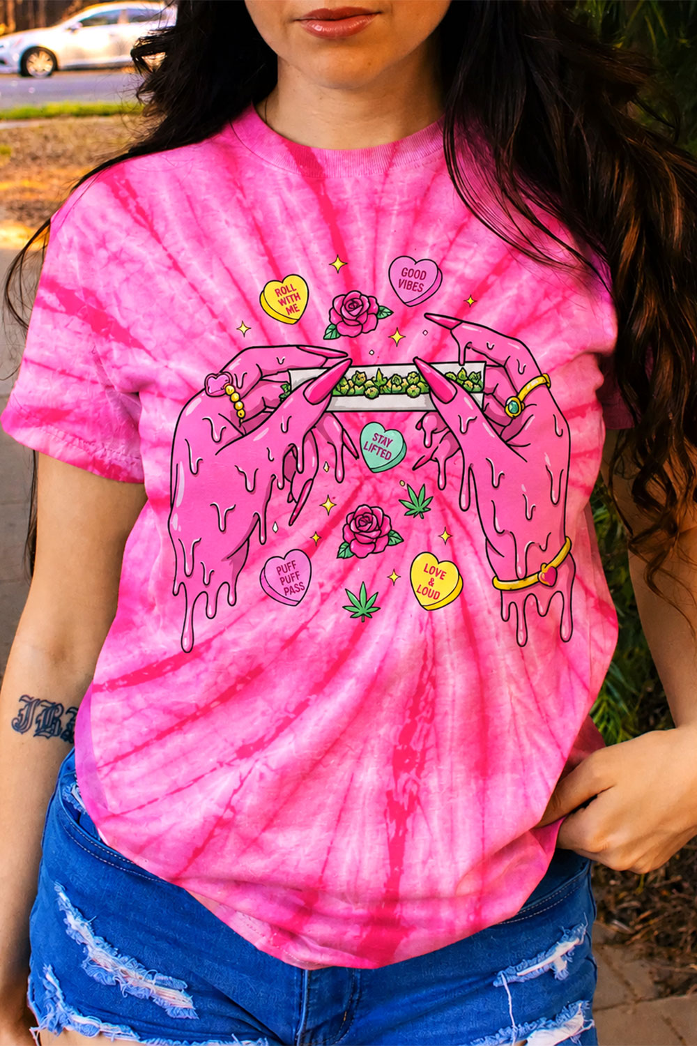 Pink Melting Hands 420 Acid Wash Tie Dye Tee