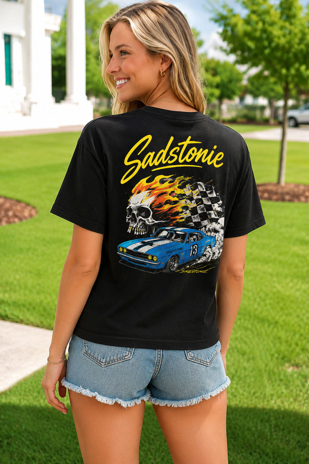 Vintage Race Car Skull Graphic Black Tee