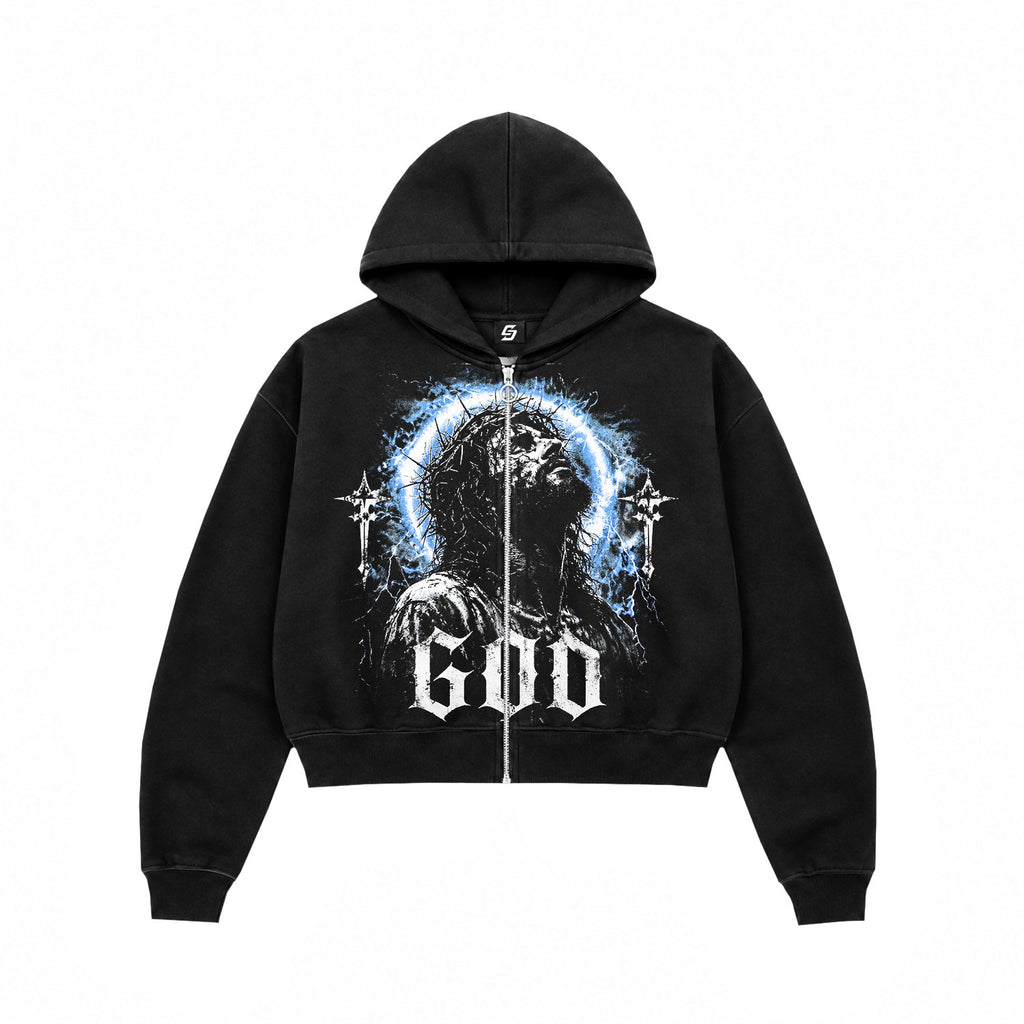 God Graphic Black Cropped Zip-Up Hoodie