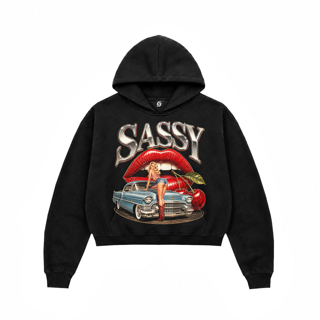 Vintage Sassy Retro Car Graphic Black Crop Hoodie