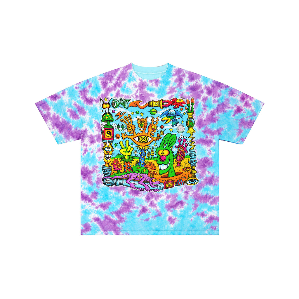 Psychedelic Cartoon Sky Blue Tie-Dye Tee