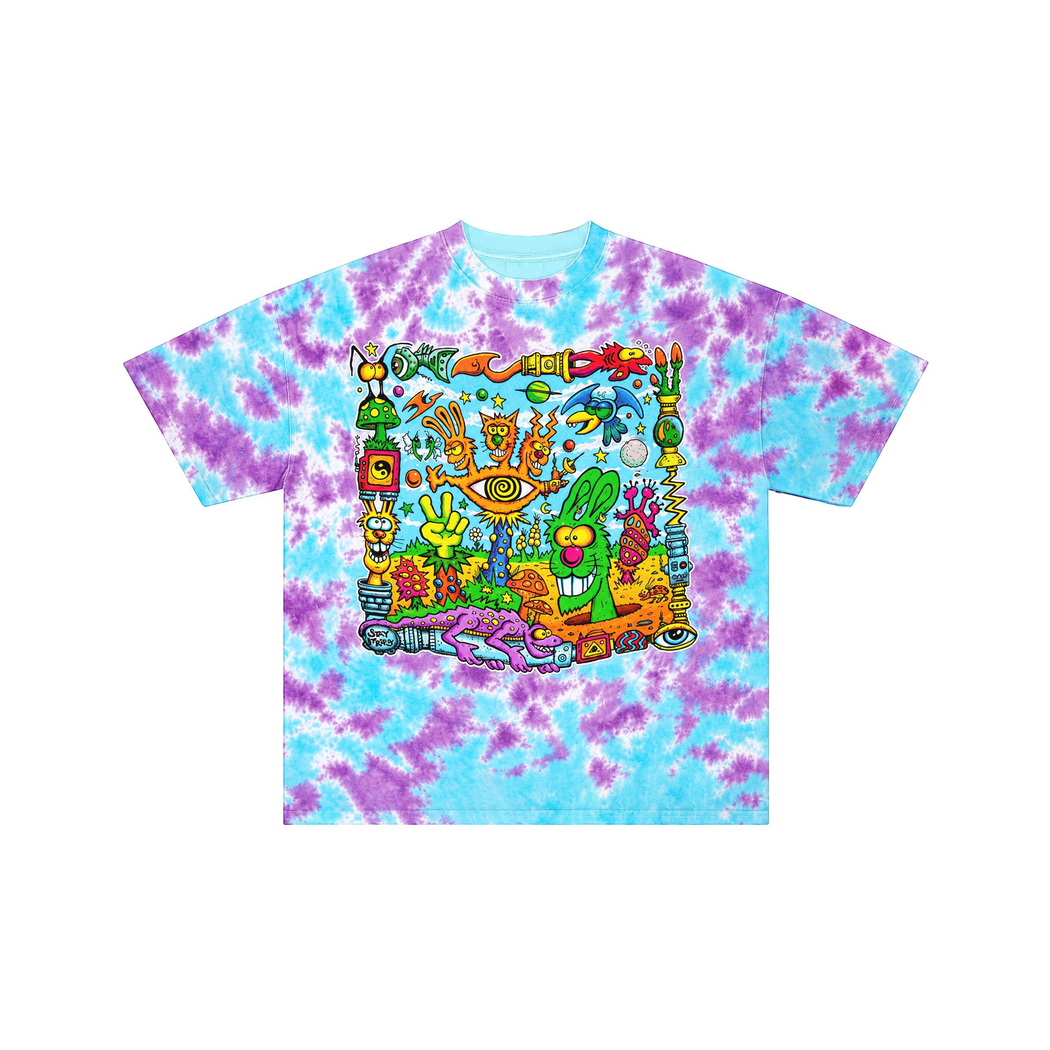 Psychedelic Cartoon Sky Blue Tie-Dye Tee