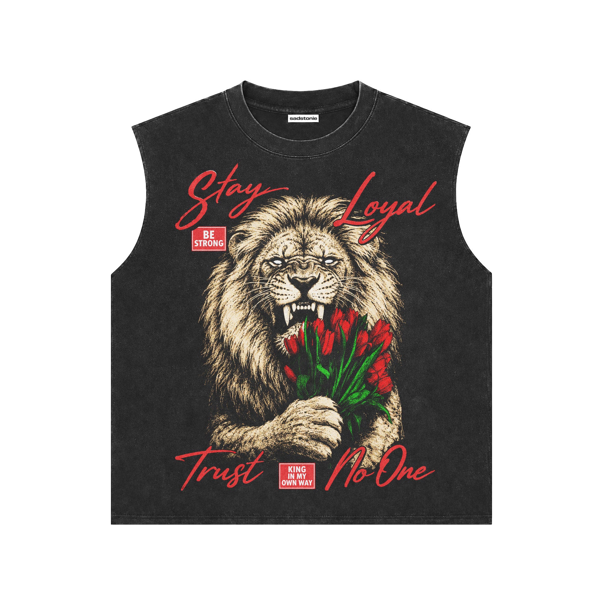 Lion Graphic Acid Wash Sleeveless Muscle Tee