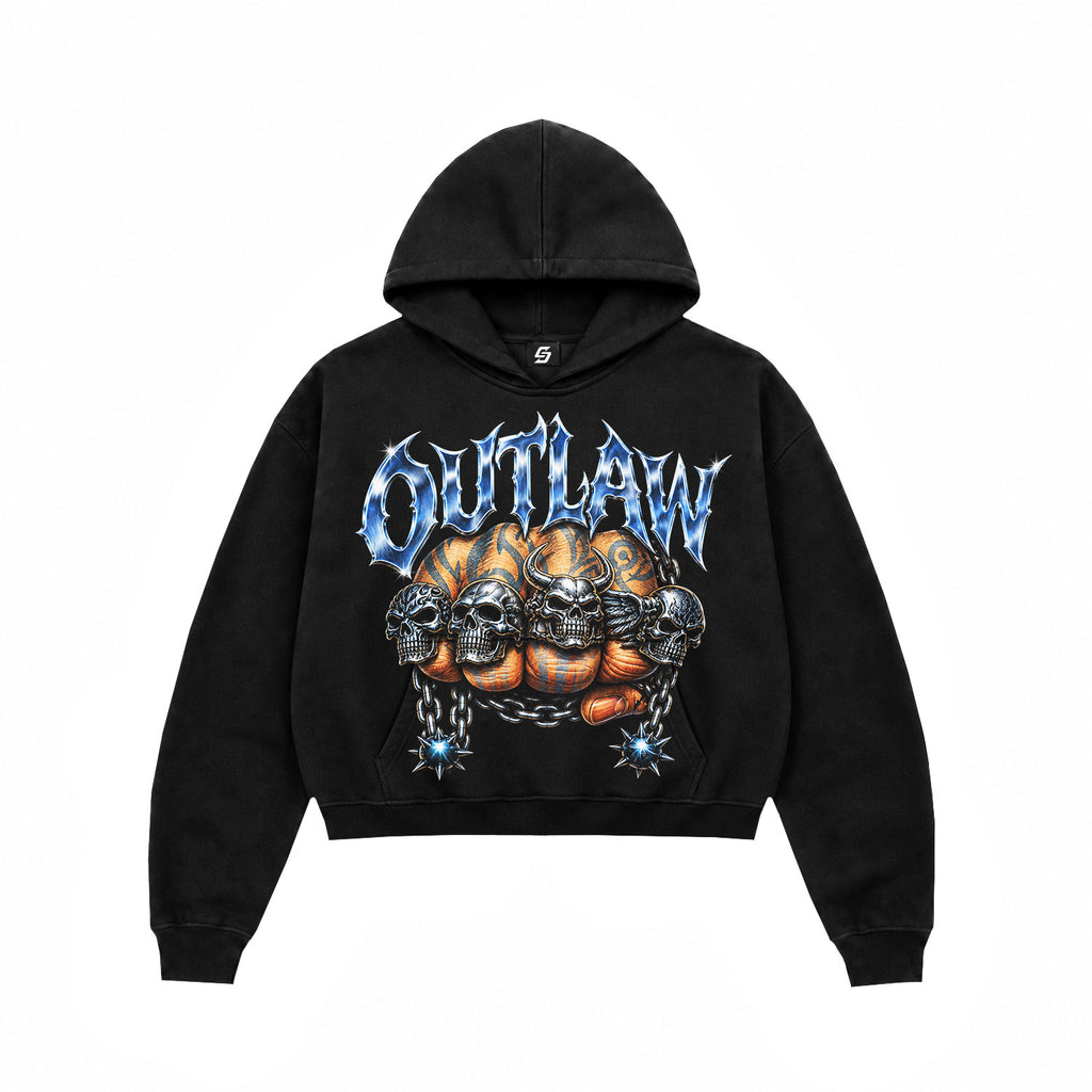 Outlaw Skull Chrome Graphic Black Crop Hoodie