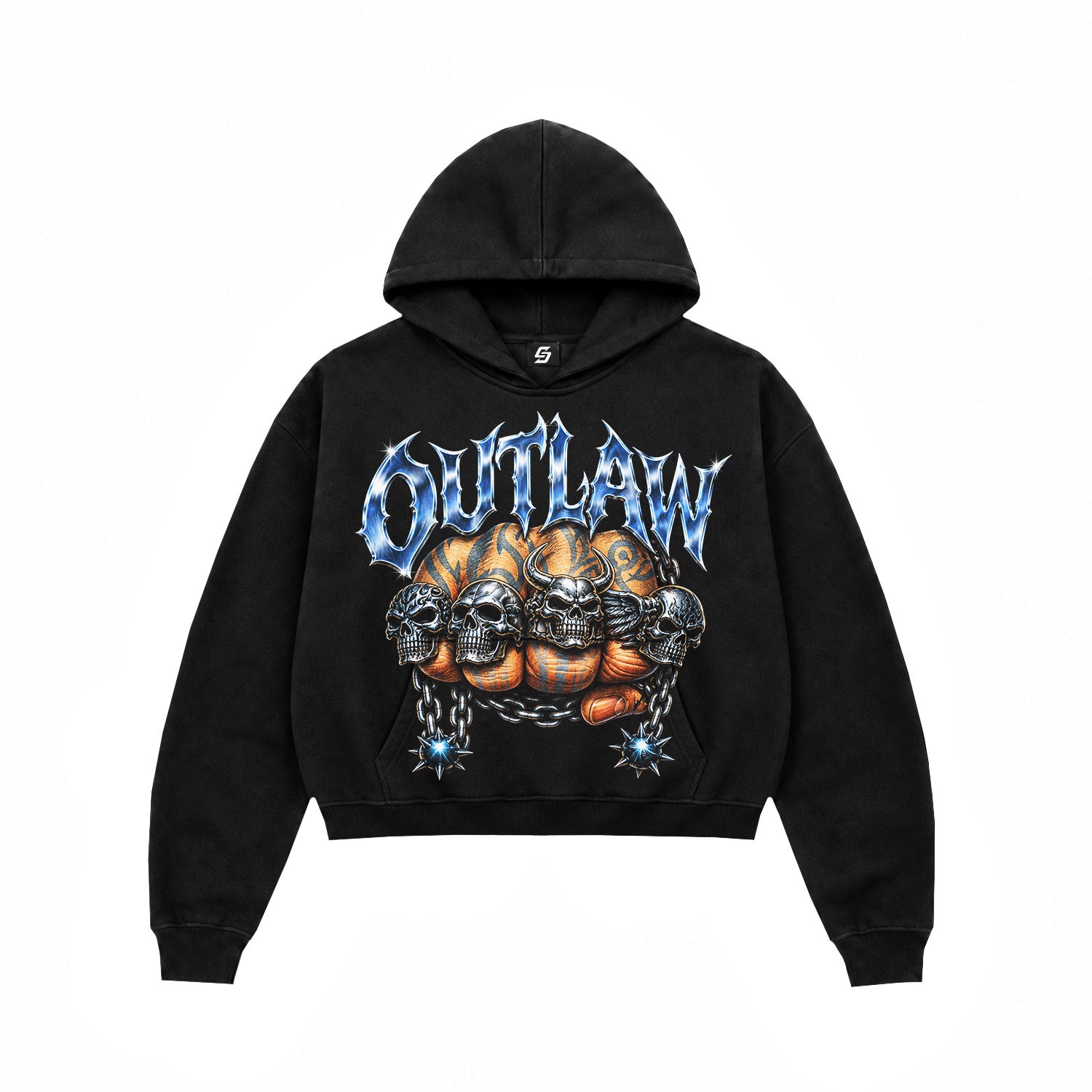Outlaw Skull Chrome Graphic Black Crop Hoodie
