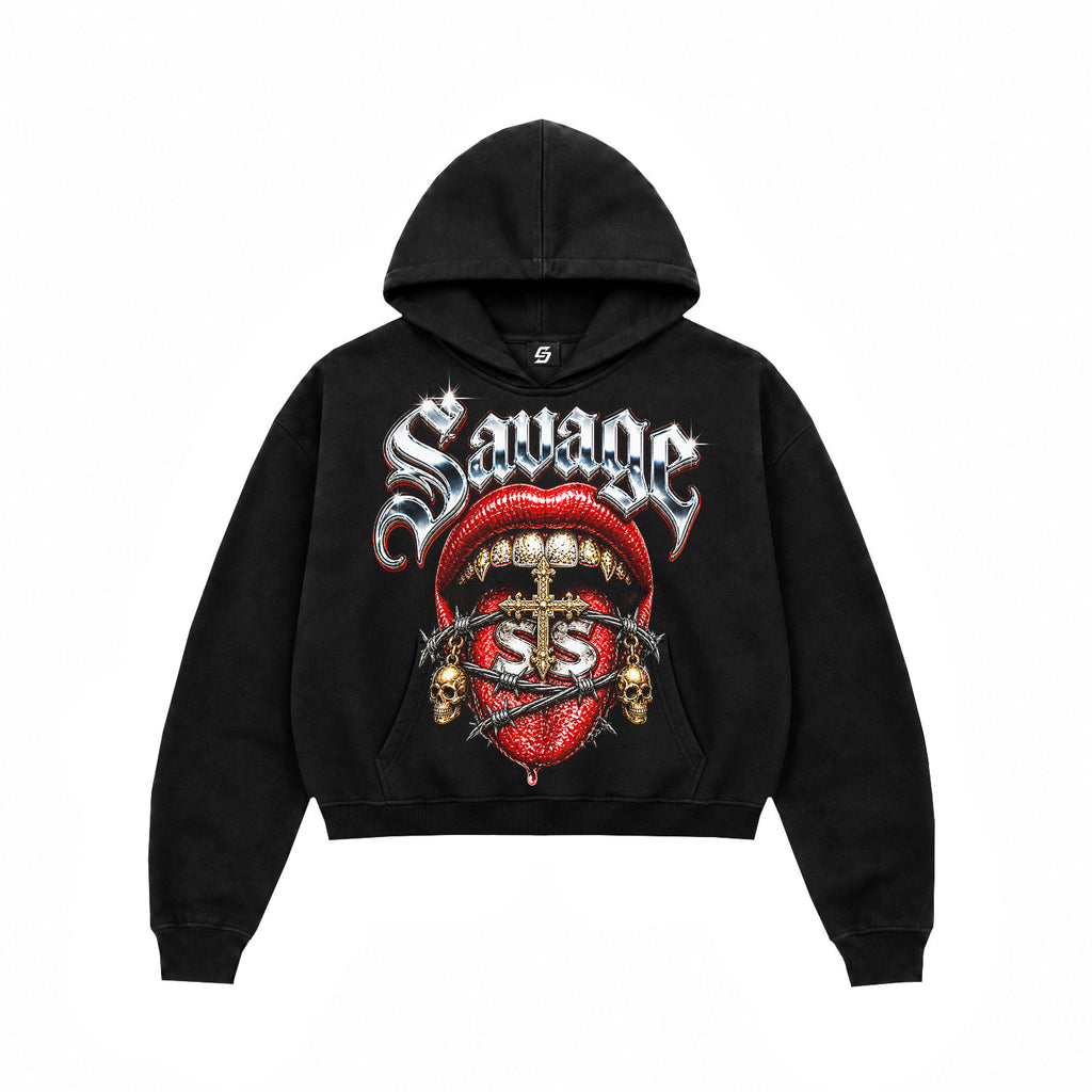 Savage Lips Chrome Graphic Black Crop Hoodie