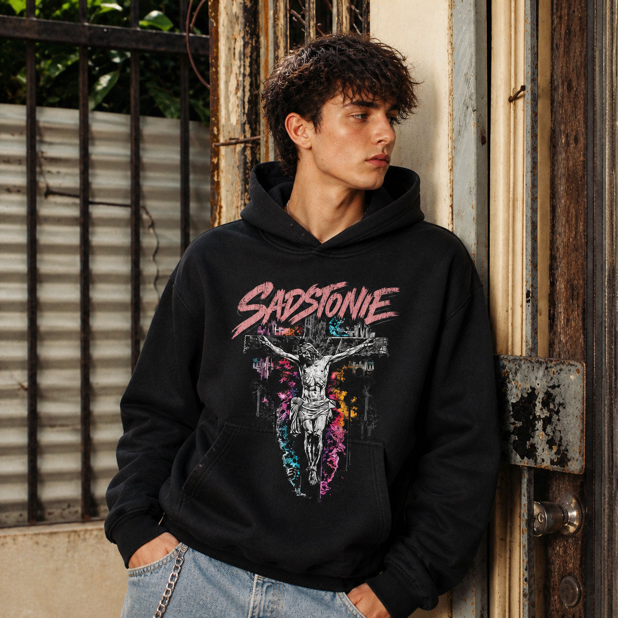 Crucifix Splatter Graphic Black Cropped Hoodie