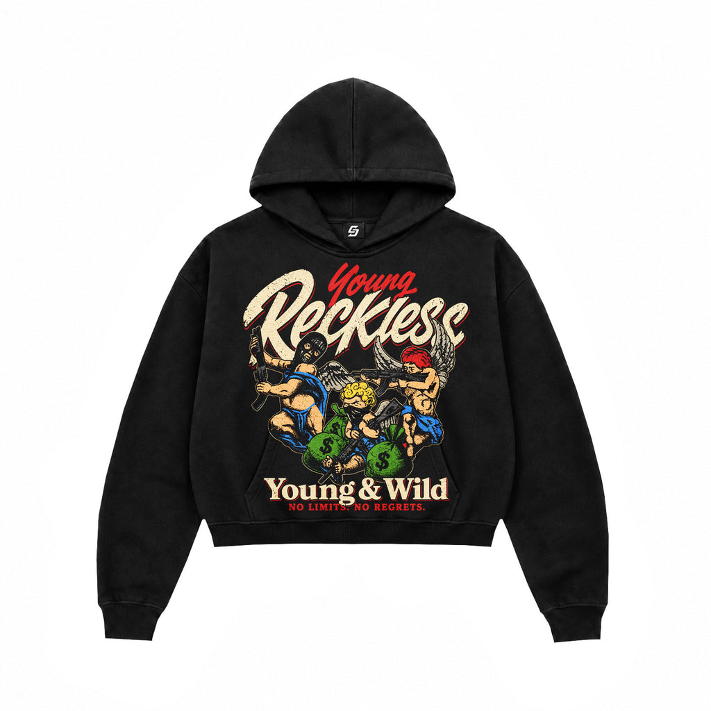 Young Reckless Cherub Graphic Black Crop Hoodie