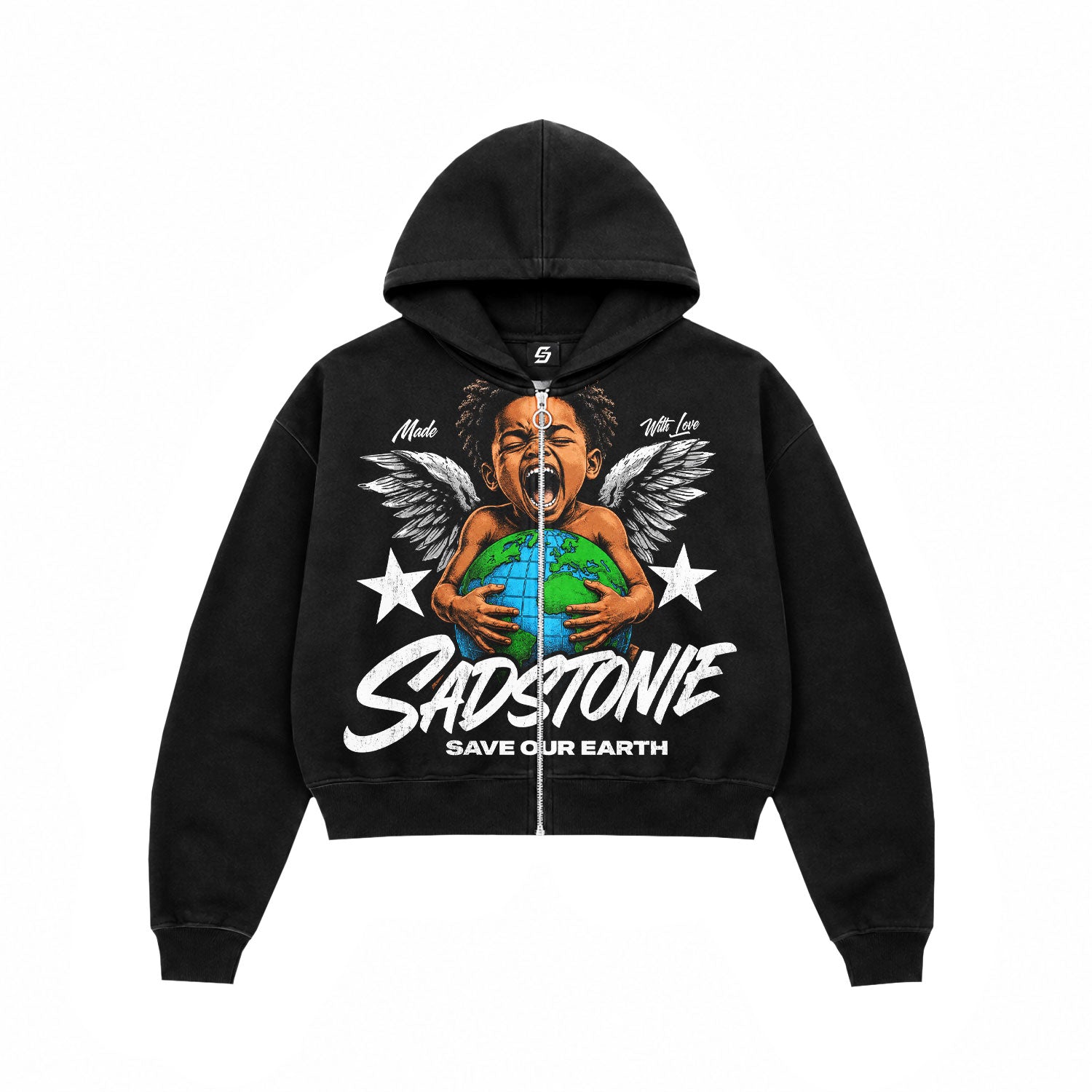 Save Our Earth Angel Boy Black Zip Hoodie
