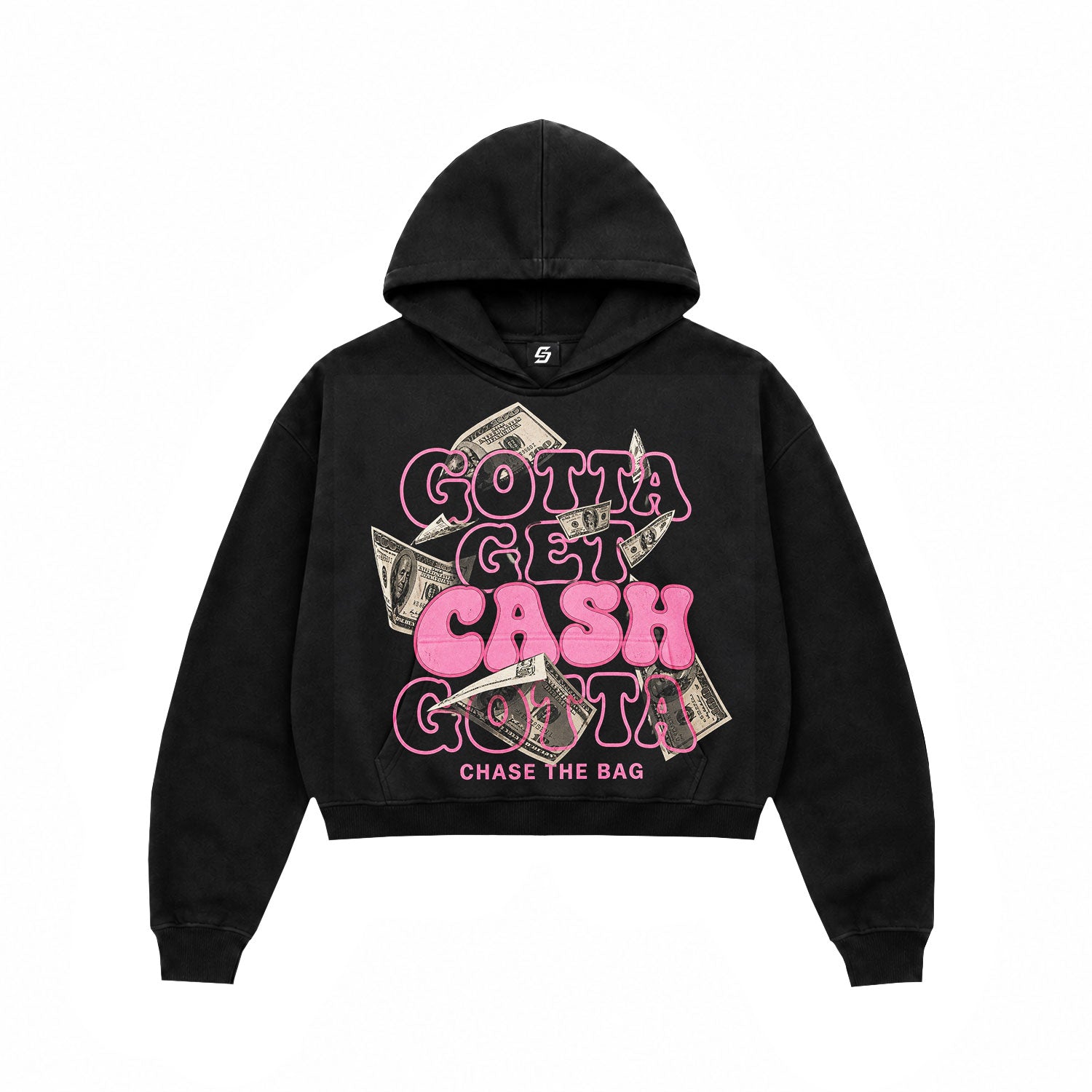 Gotta Get Cash Pink Graphic Black Crop Hoodie
