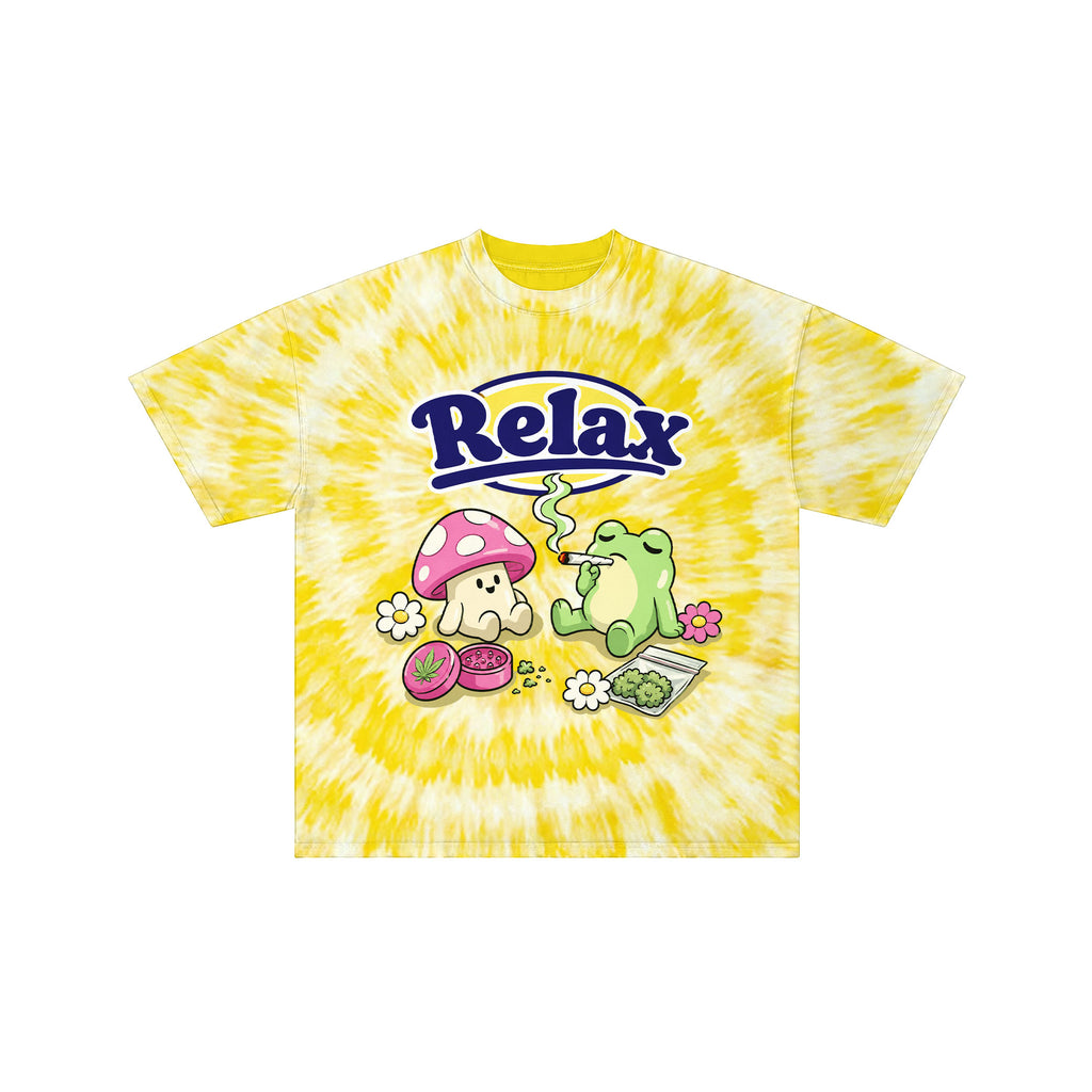 Relax Mushroom & Frog Vintage Yellow Tie Dye Graphic Tee