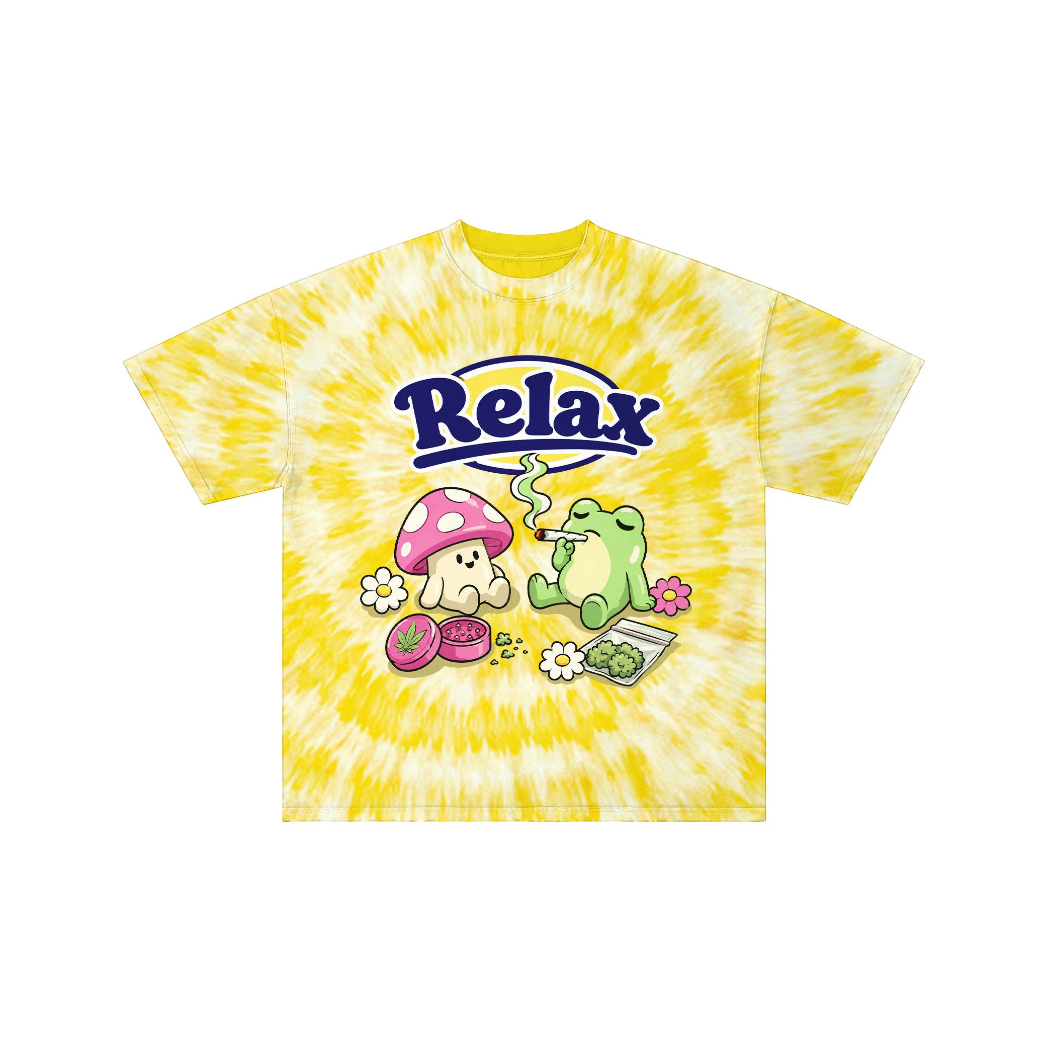 Relax Mushroom & Frog Vintage Yellow Tie Dye Graphic Tee