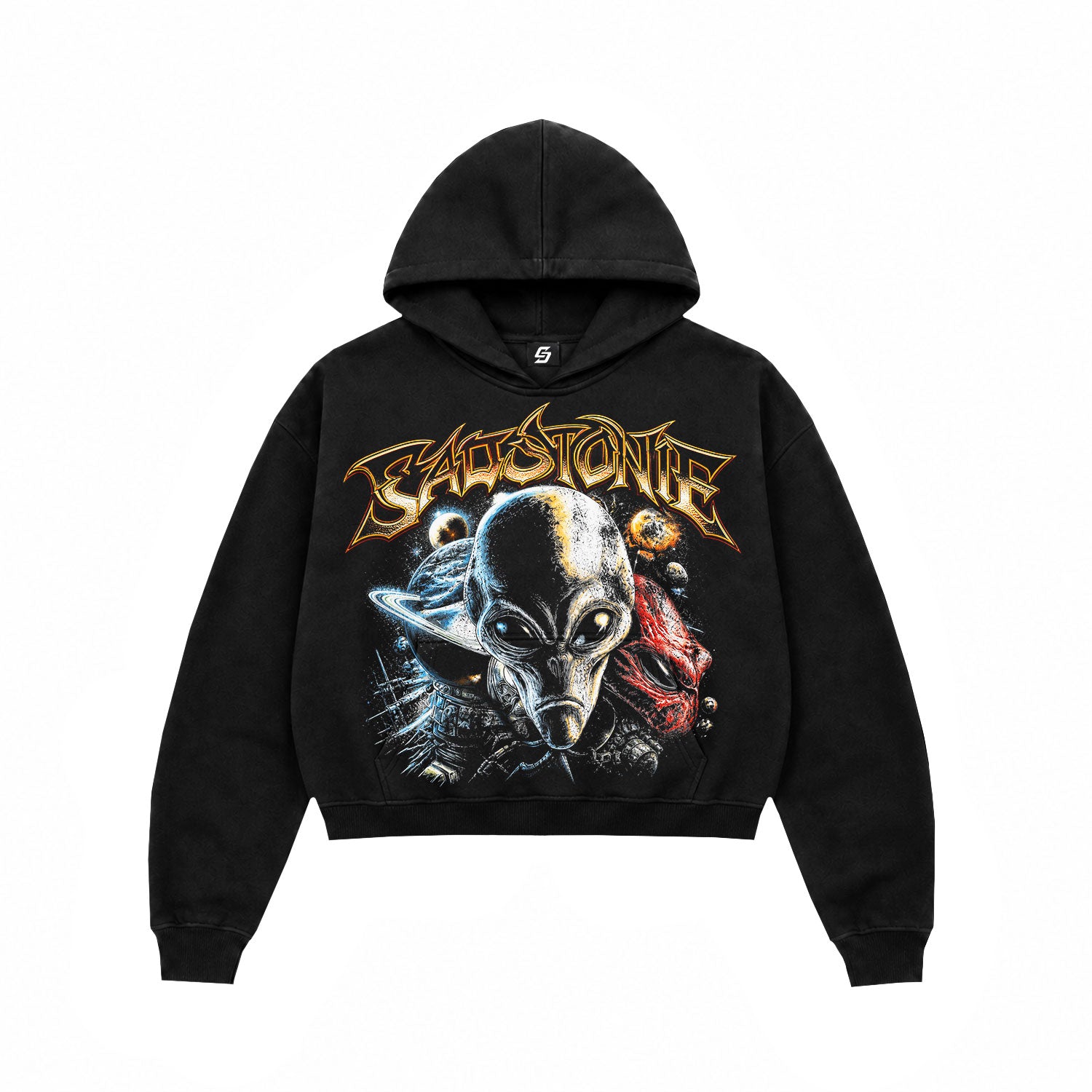 Alien Space Graphic Cropped Black Hoodie
