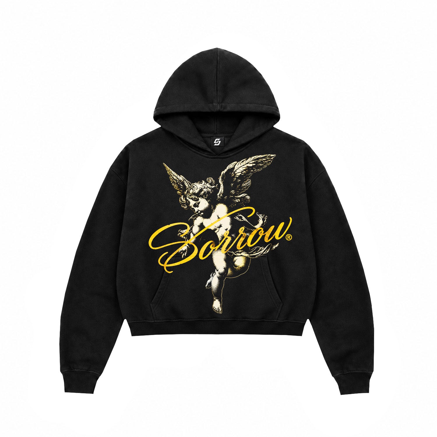 Sorrow Cherub Angel Graphic Black Crop Hoodie