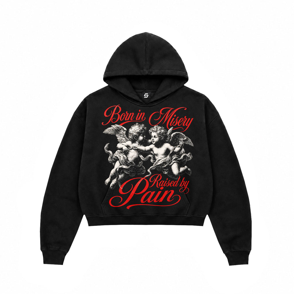 Born in Misery Cherub Graphic Black Crop Hoodie