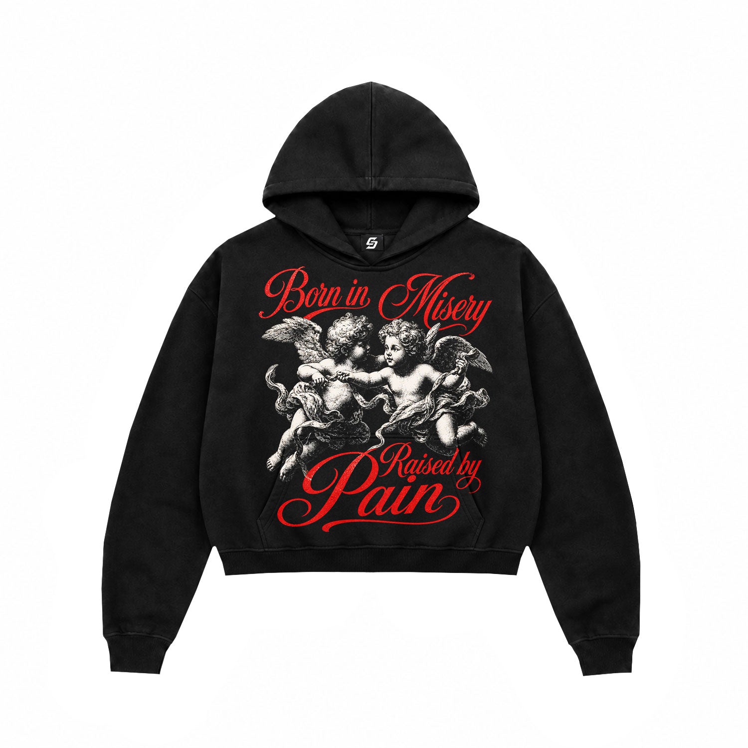 Born in Misery Cherub Graphic Black Crop Hoodie