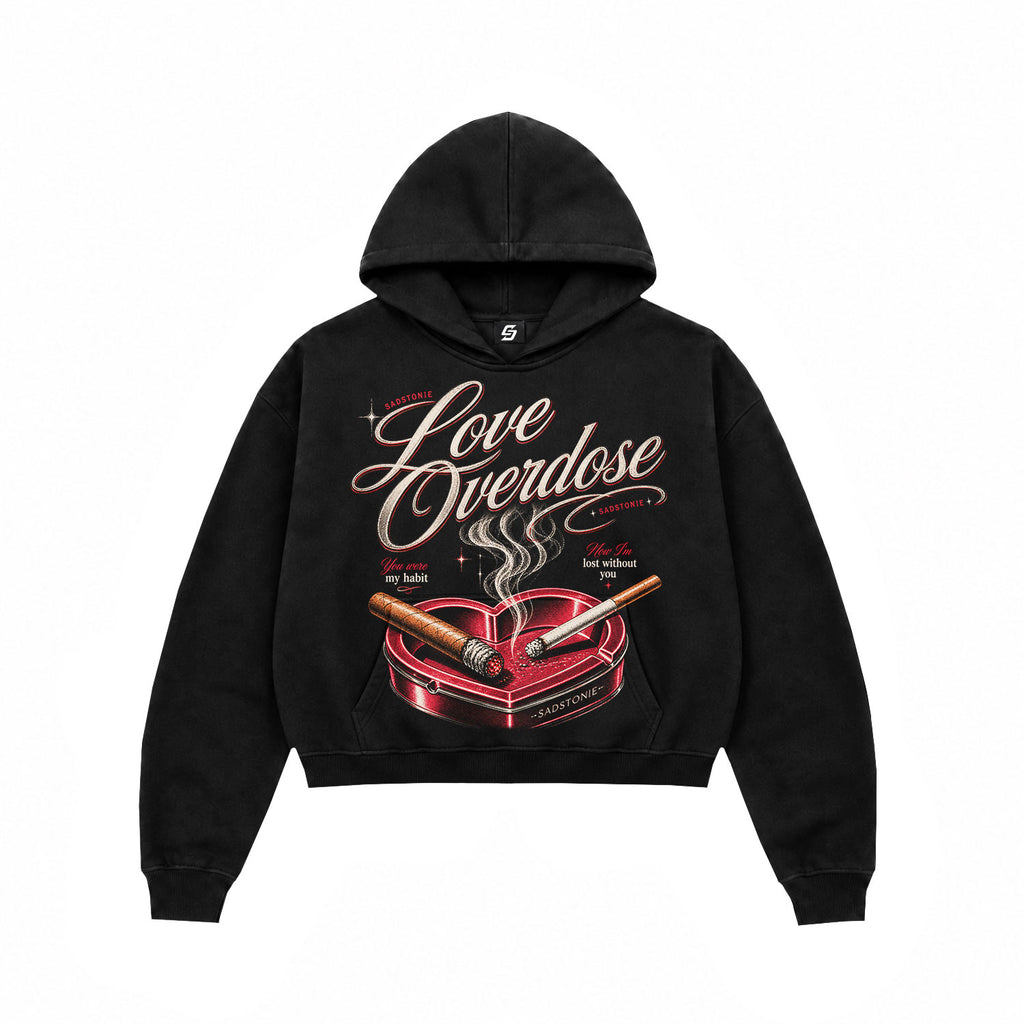 Love Overdose Heart Ashtray Graphic Black Crop Hoodie
