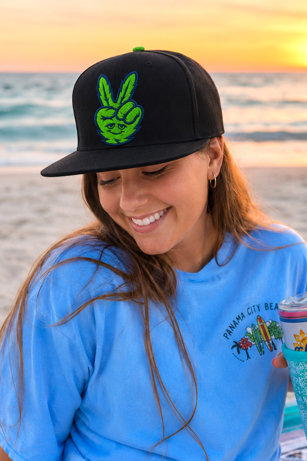 Green Peace Sign Leaf Black Snapback Hat