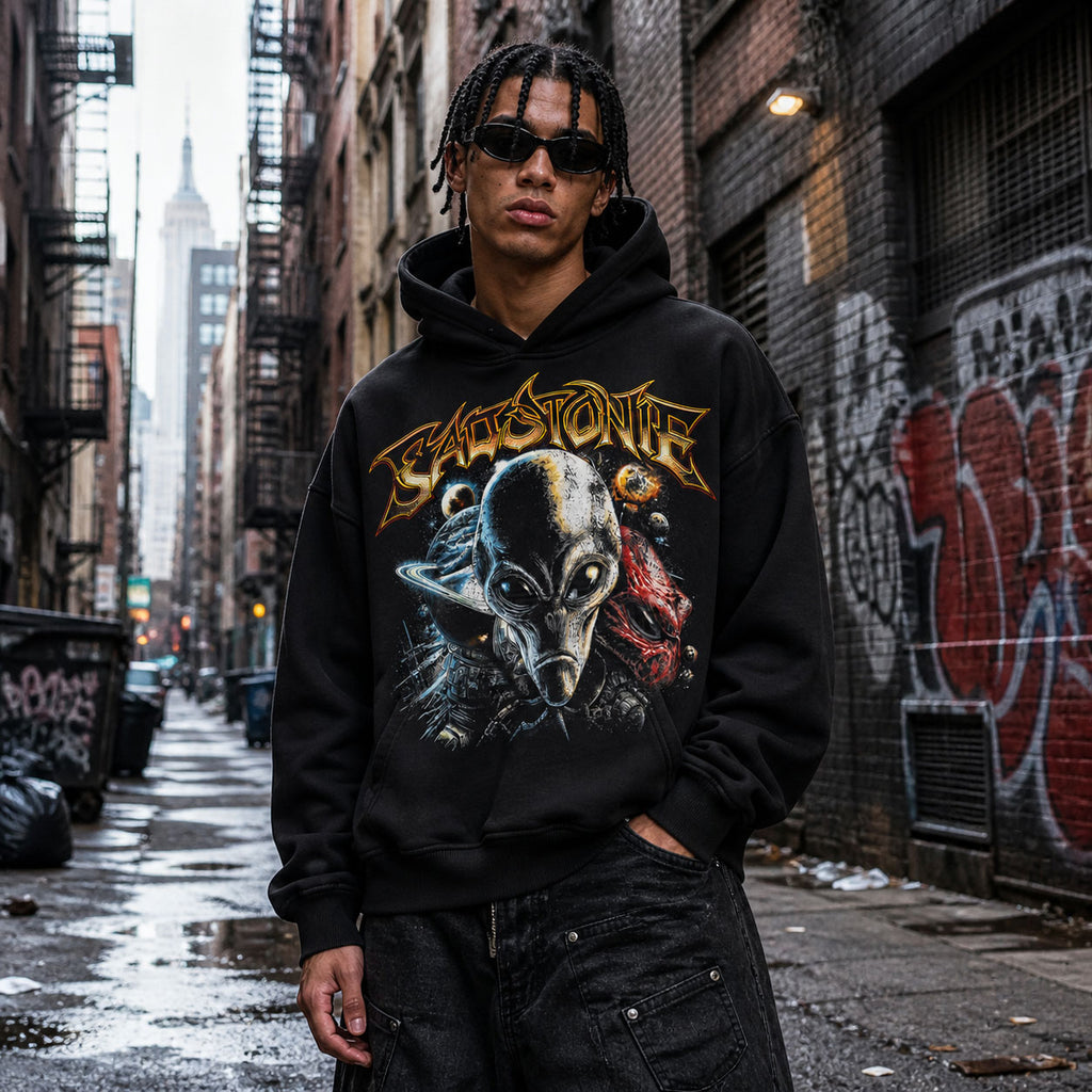Alien Space Graphic Cropped Black Hoodie