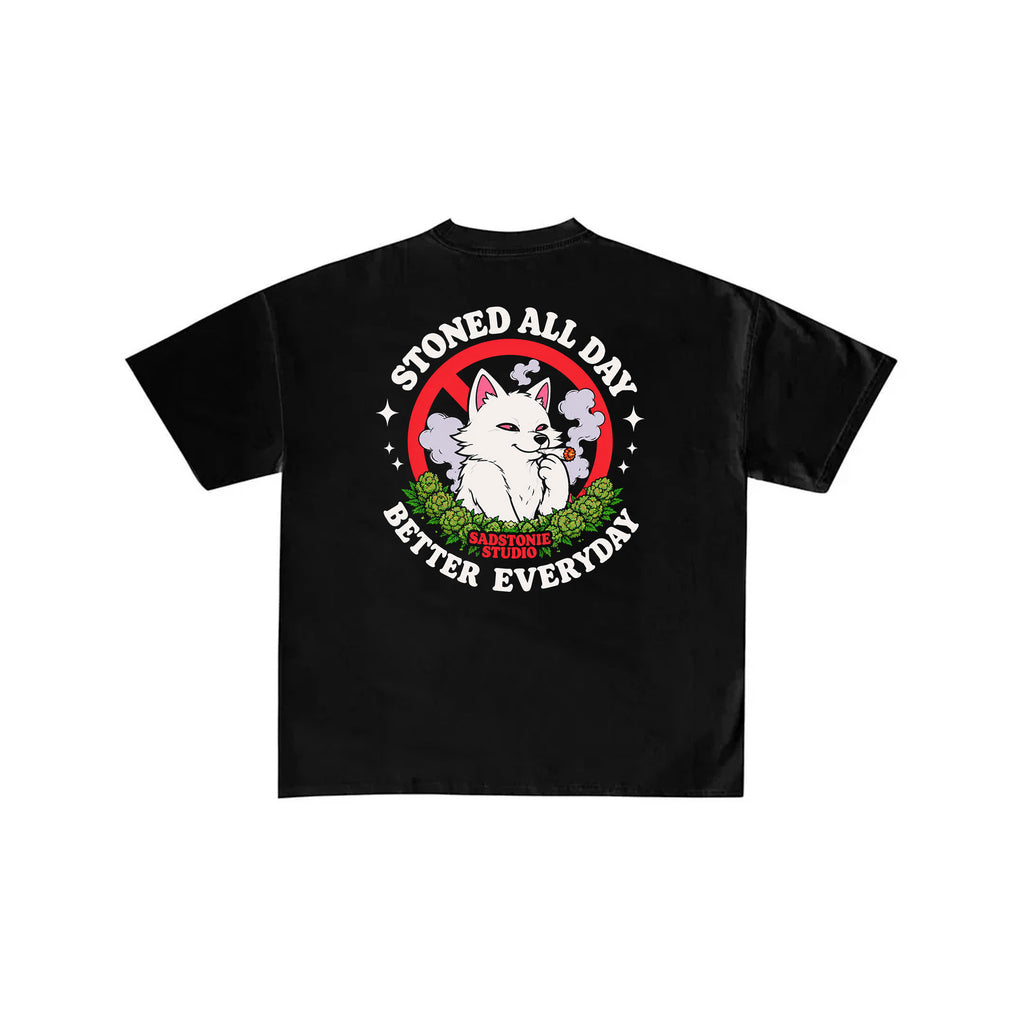 Stoned All Day Cat Graphic Black T-Shirt