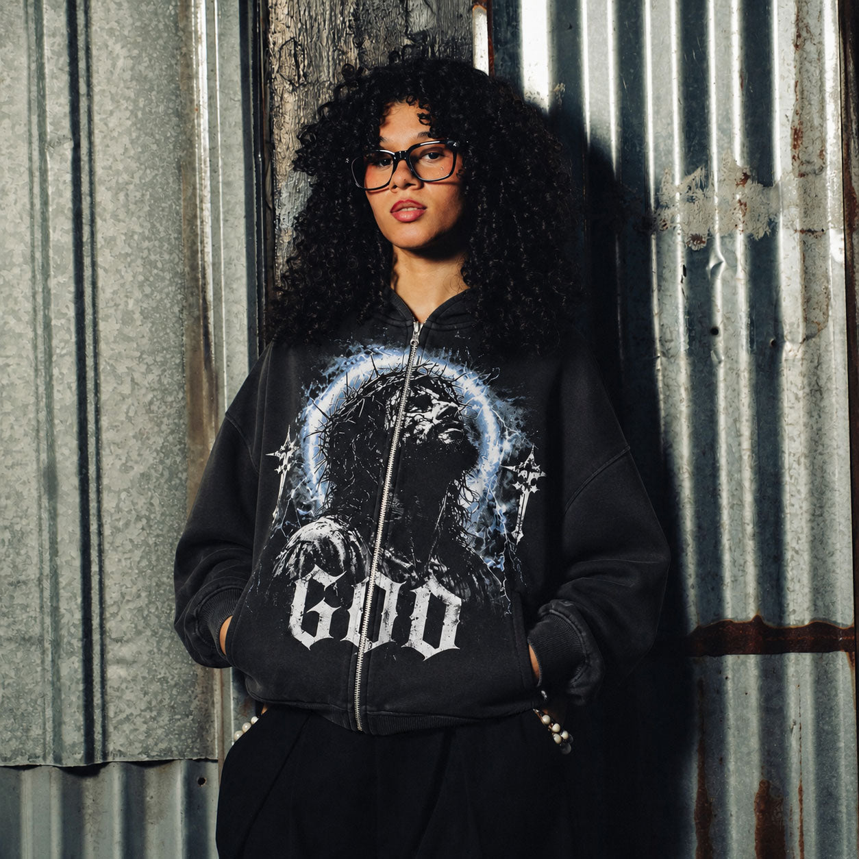 God Graphic Black Cropped Zip-Up Hoodie