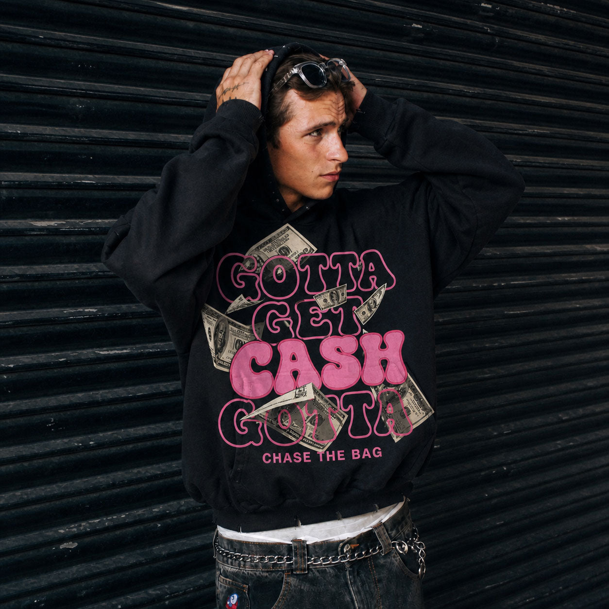 Gotta Get Cash Pink Graphic Black Crop Hoodie