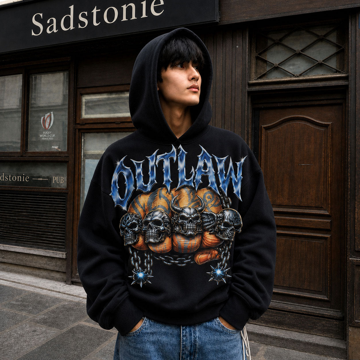 Outlaw Skull Chrome Graphic Black Crop Hoodie