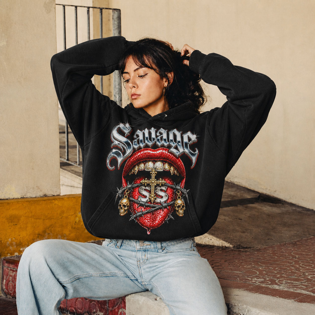 Savage Lips Chrome Graphic Black Crop Hoodie