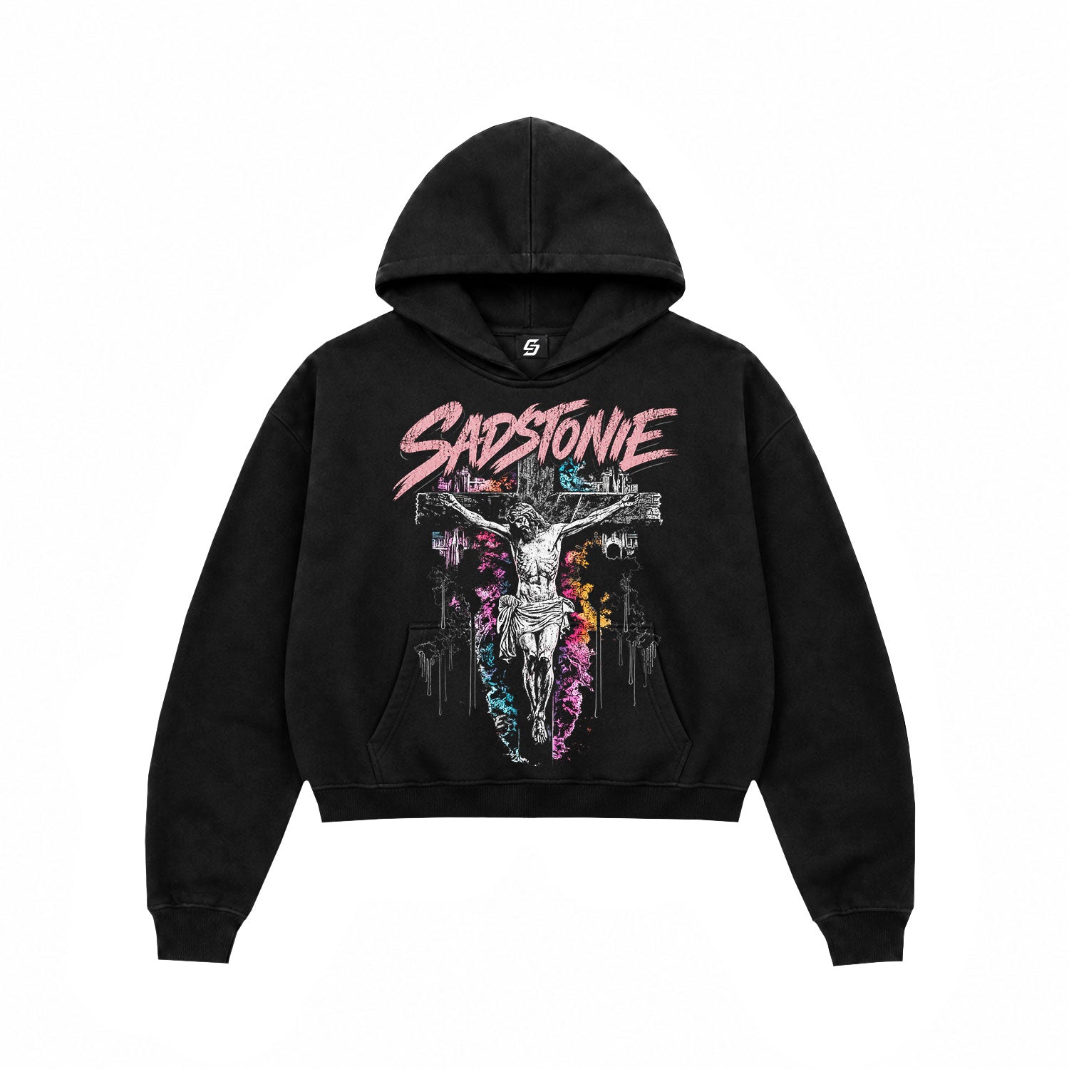 Crucifix Splatter Graphic Black Cropped Hoodie