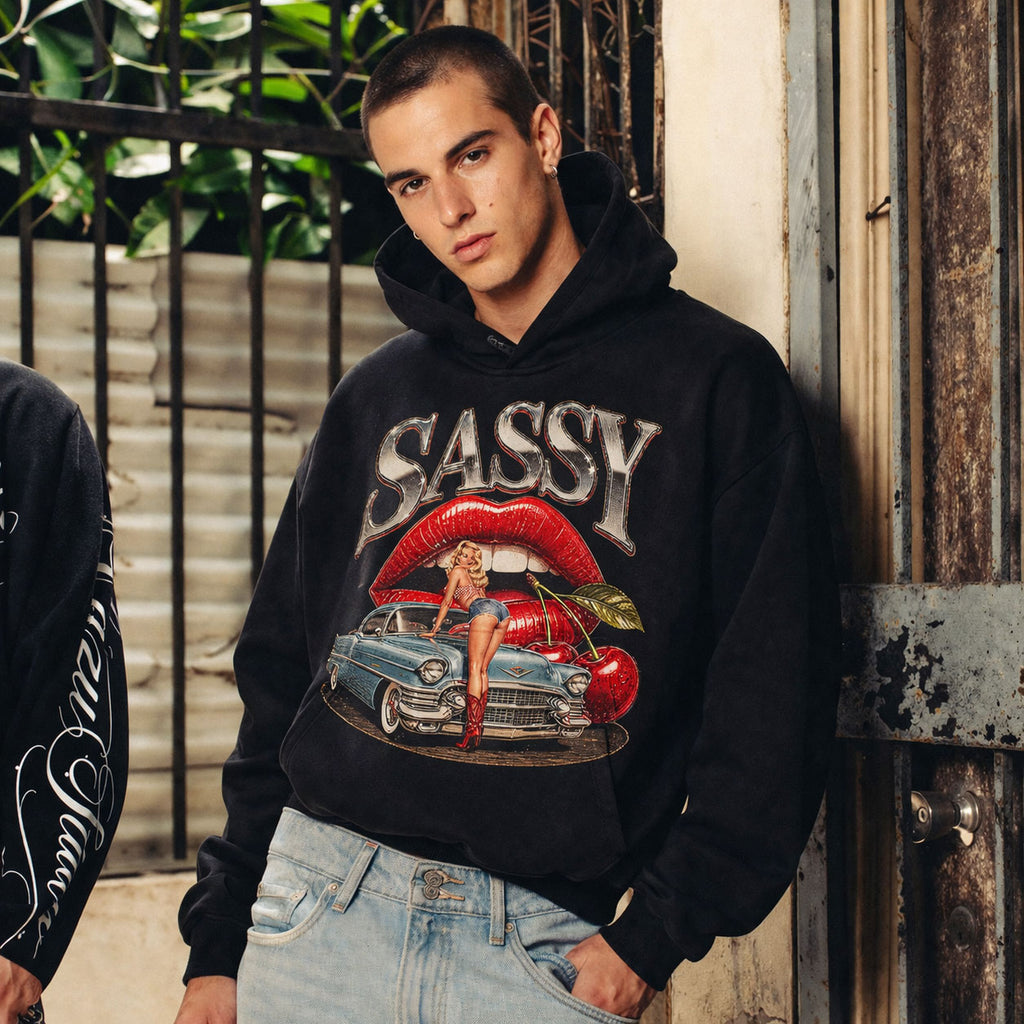 Vintage Sassy Retro Car Graphic Black Crop Hoodie