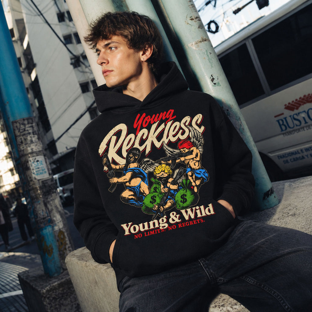 Young Reckless Cherub Graphic Black Crop Hoodie