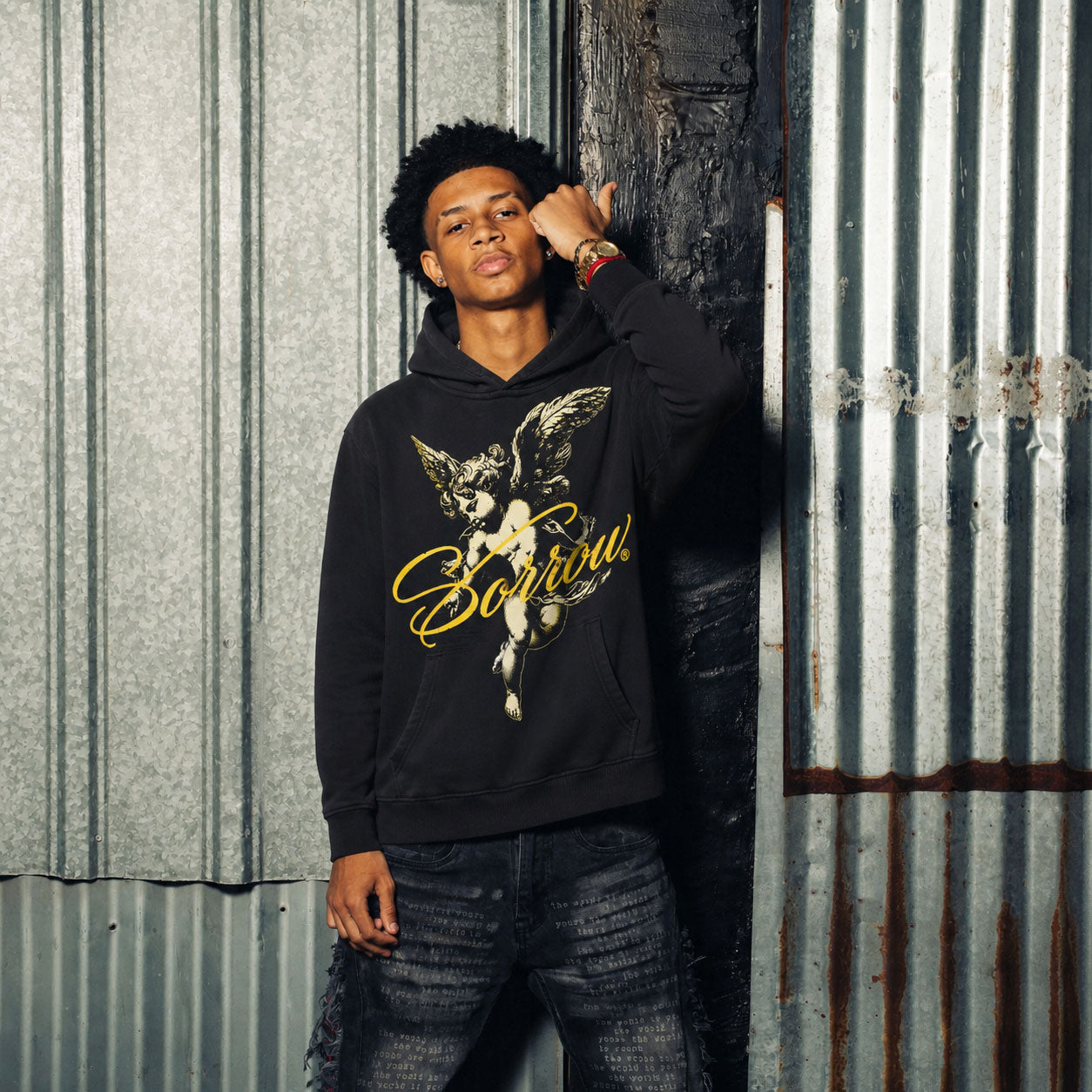 Sorrow Cherub Angel Graphic Black Crop Hoodie