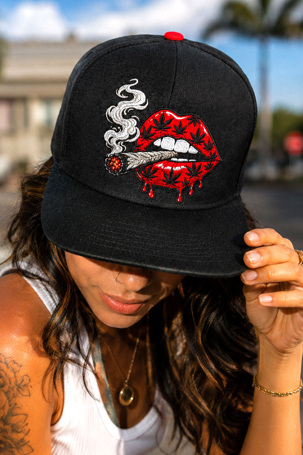 Smoking Lips Embroidered Snapback Hat