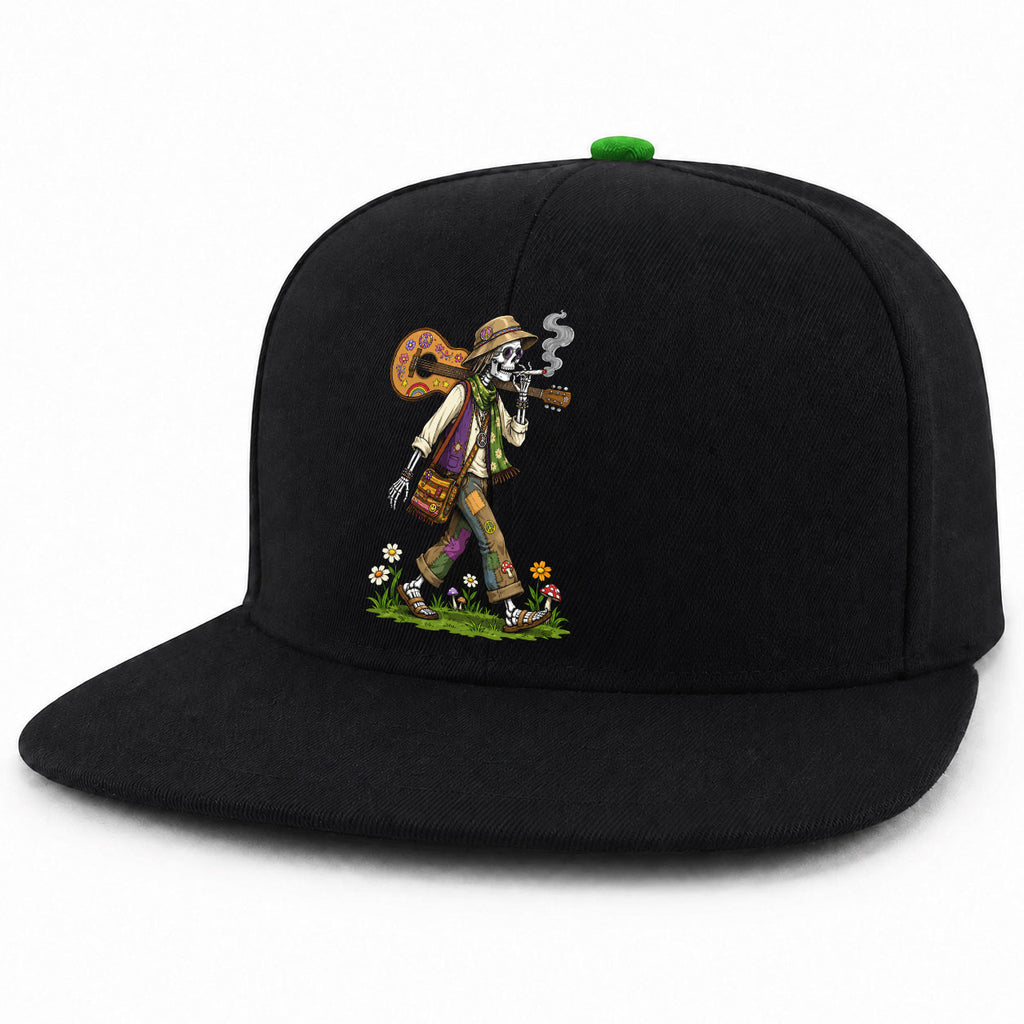 Hippie Skeleton Guitar Black Snapback Hat