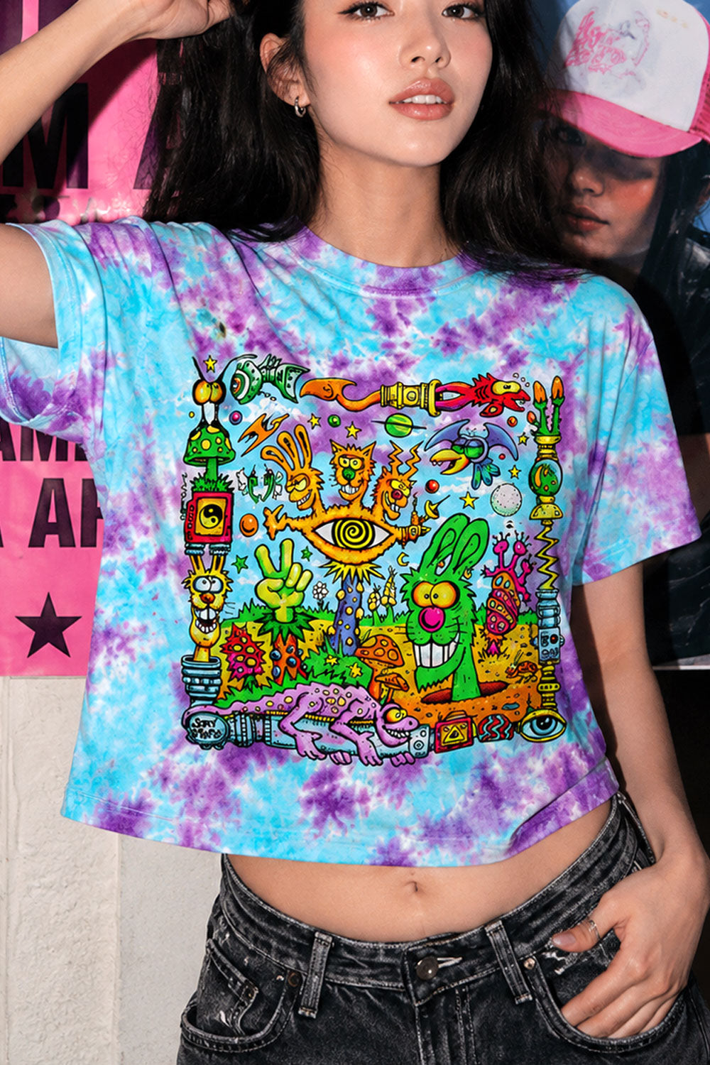 Psychedelic Cartoon Sky Blue Tie-Dye Tee