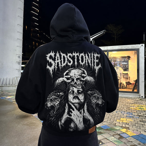 Gothic Wolf & Skull Graphic Oversized Hoodie