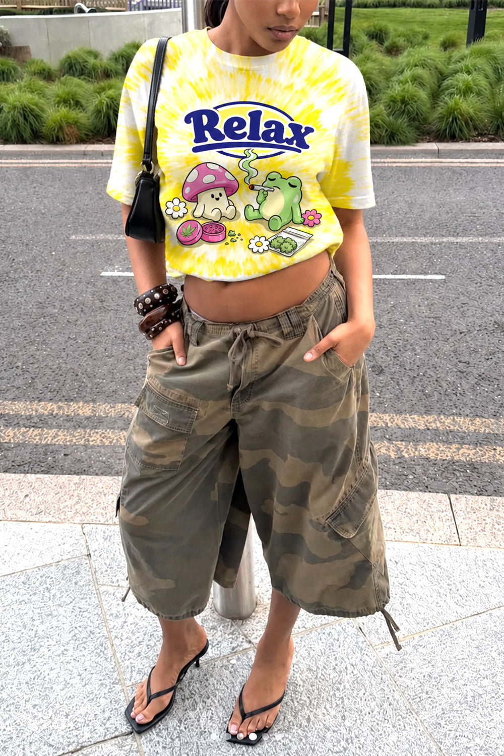 Relax Mushroom & Frog Vintage Yellow Tie Dye Graphic Tee