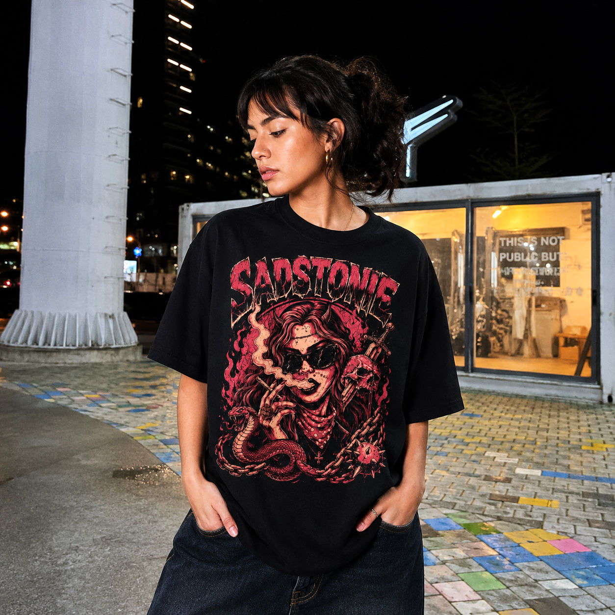 Punk Succubus Graphic Pink Oversized T-Shir