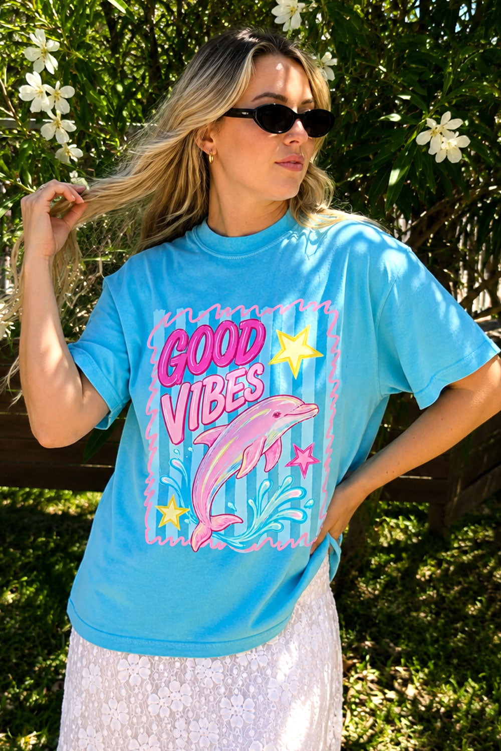 Good Vibes Pink Dolphin Graphic Tee