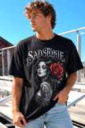 Gothic Girl Red Rose Graphic Black Tee