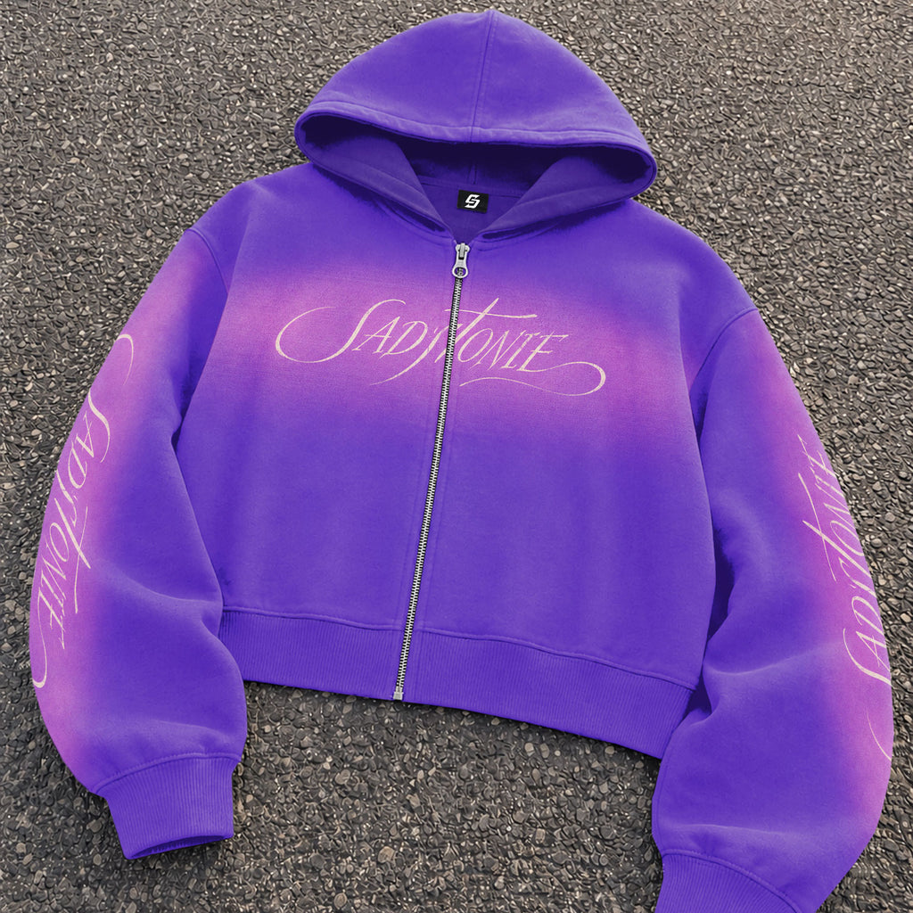 Purple Ombre Script Zip-Up Cropped Hoodie