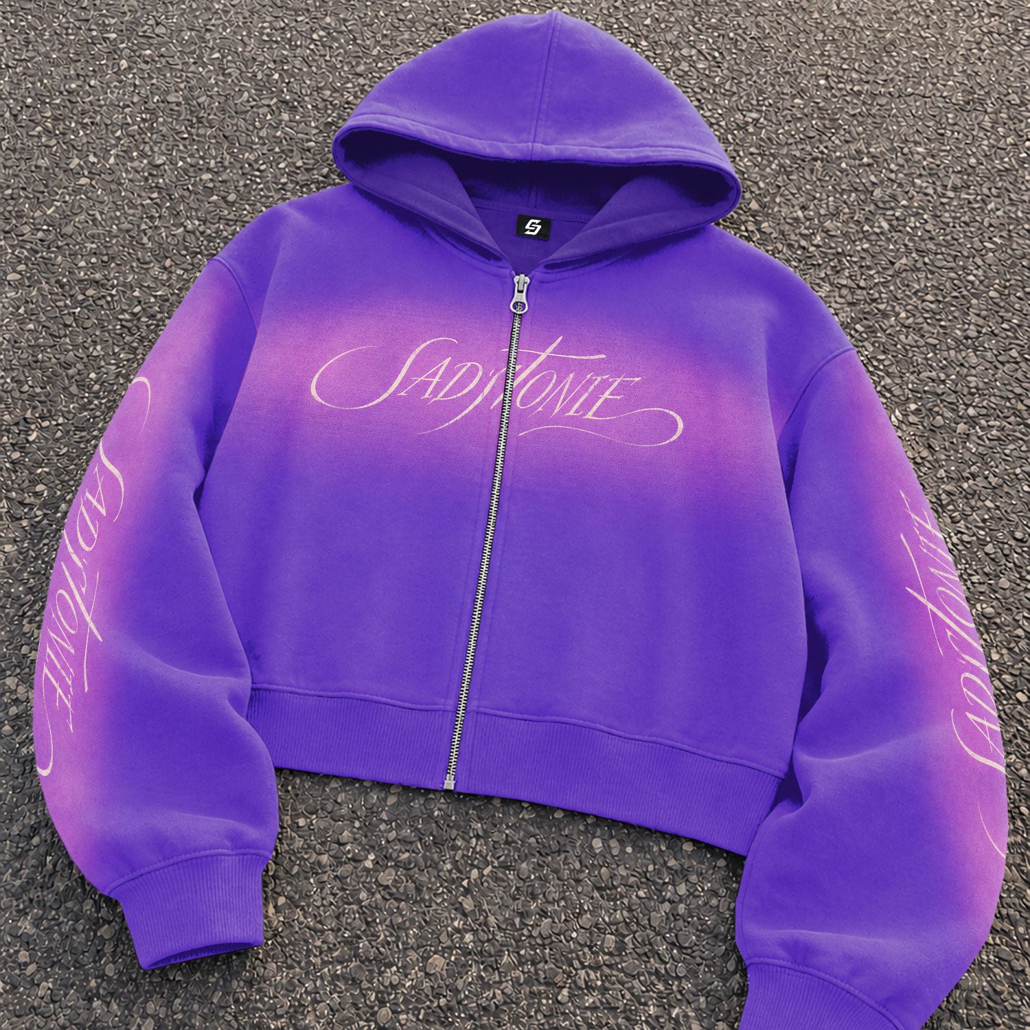 Purple Ombre Script Zip-Up Cropped Hoodie