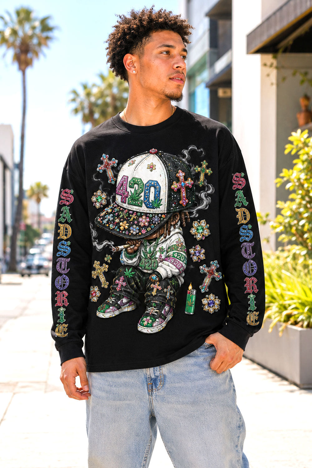 420 Jeweled Character Long Sleeve Shirt