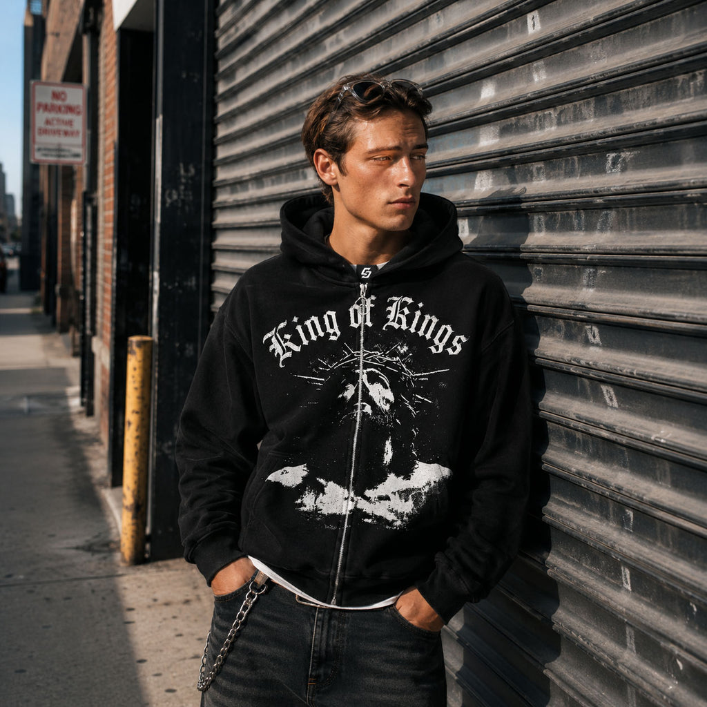 King of Kings Black Graphic Zip Hoodie