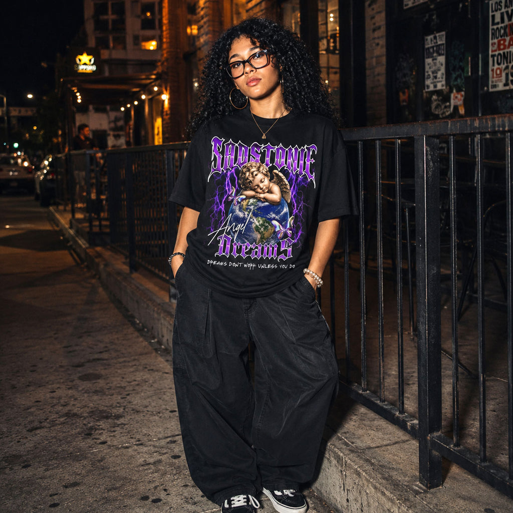 Angel Dreams Purple Lightning Black Graphic Tee