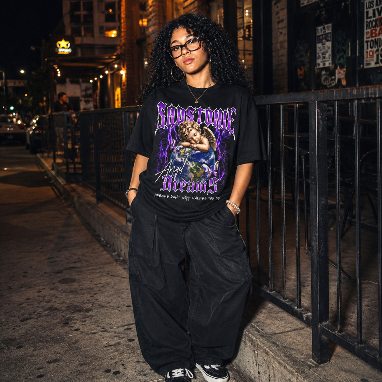 Angel Dreams Purple Lightning Black Graphic Tee